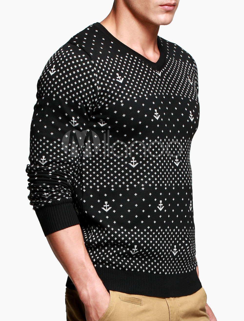 Black VNeck Long Sleeves Geometric Polyester Men's Pullover Knitwear