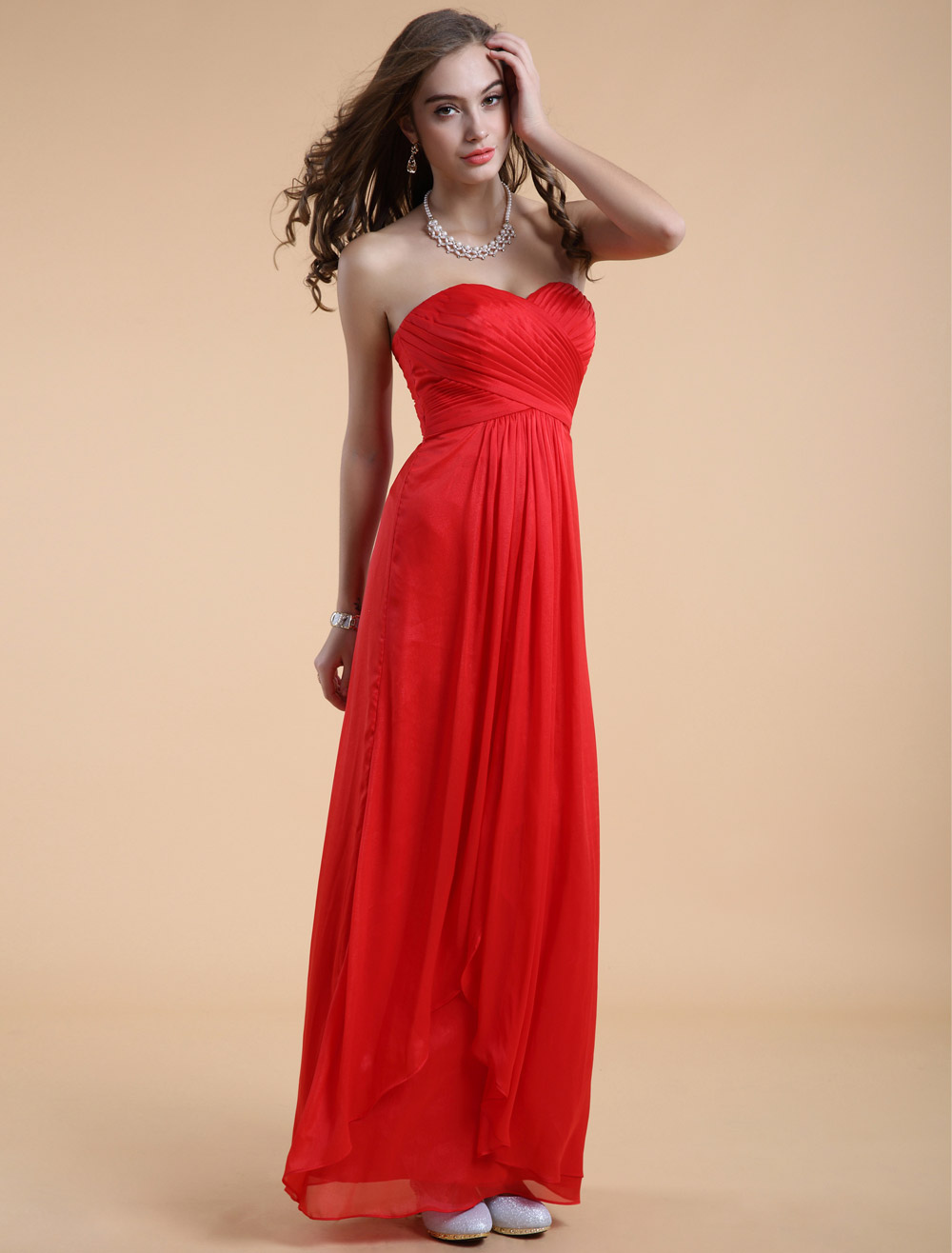 A-line Sweetheart Neck Cascading Ruffle Red Chiffon Bridesmaid Dress ...