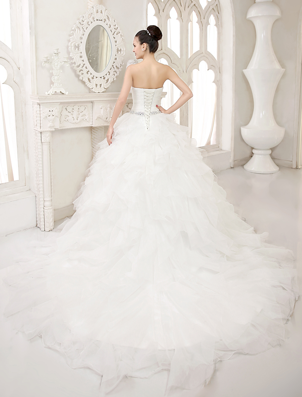 Ivory Tiered Organza Ball Gown Wedding Dress with Chapel Train Milanoo