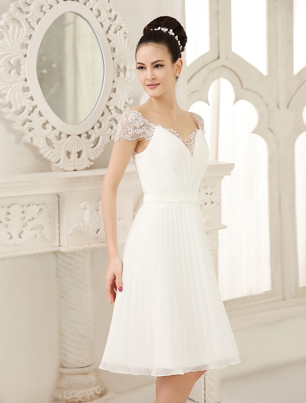 Simple Wedding Dresses Ivory A Line V Neck Ruched KneeLength Bridal