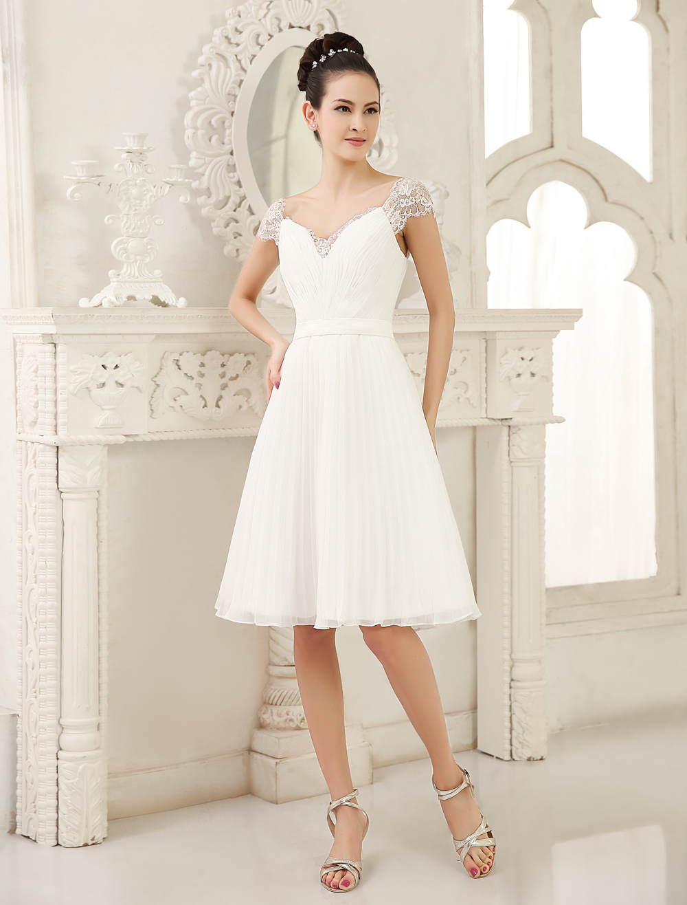 Simple Wedding Dresses Ivory A Line V Neck Ruched Knee-Length Bridal ...