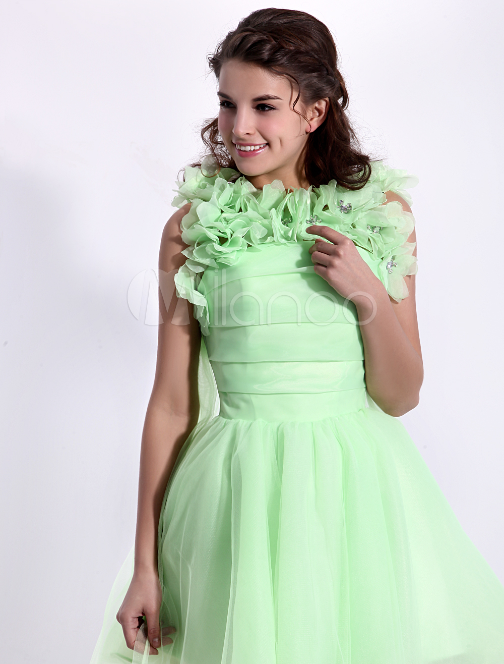 Lime Green Flower Aline Short Prom Dress with Jewel Neck Organza