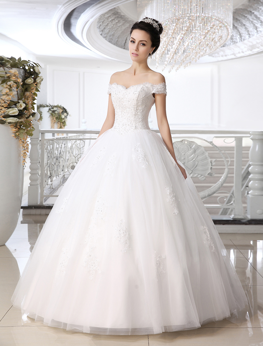 White Ball Gown Off The Shoulder Off The Shoulder Beading Floor Length Tulle Brides Wedding 