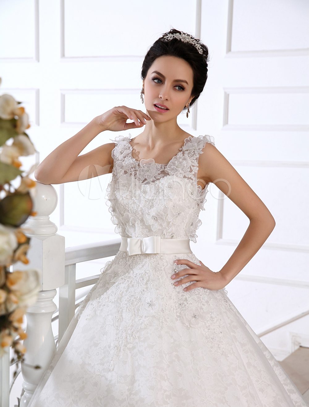 White Ball Gown Jewel Neck Bow FloorLength Bridal Wedding Dress