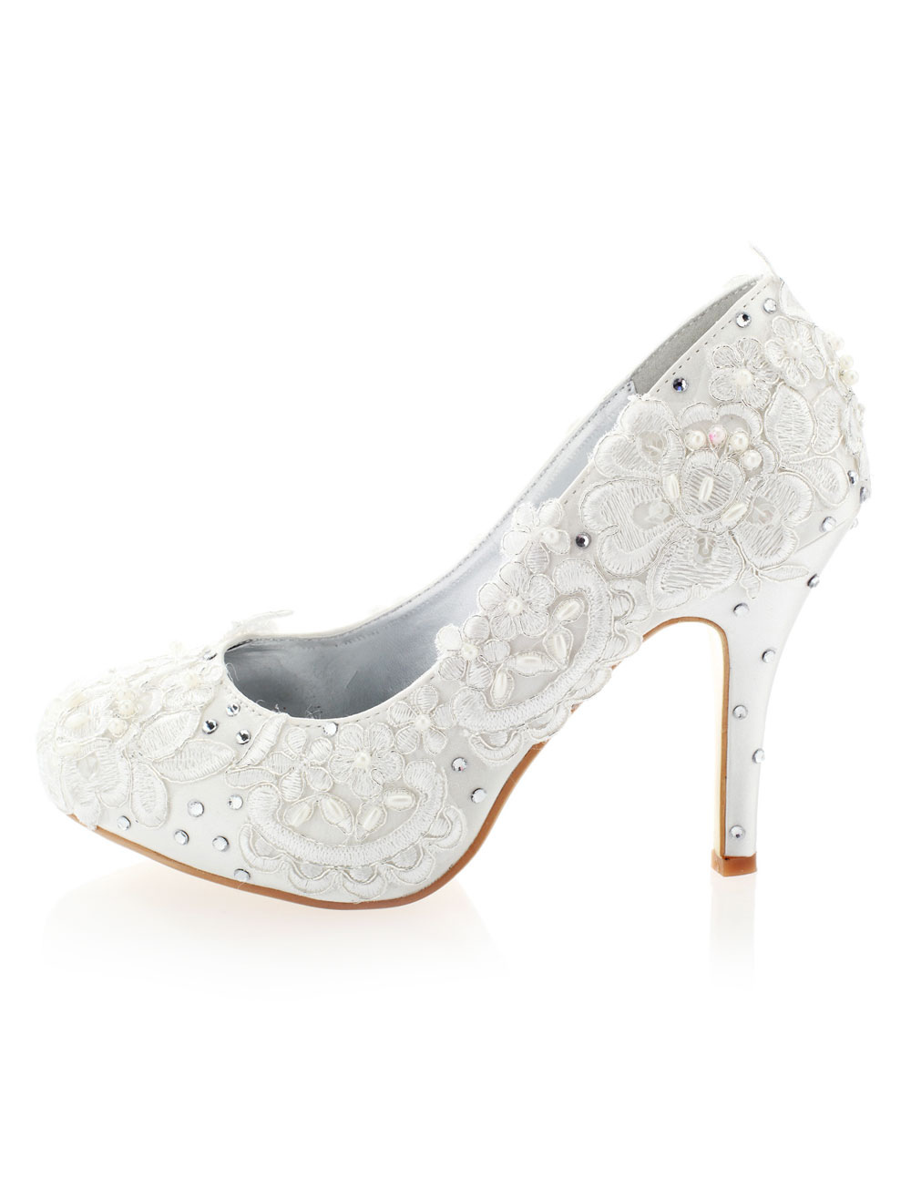 White Floral Rhinestone Round Toe Imitated Silk Bridal Pumps - Milanoo.com