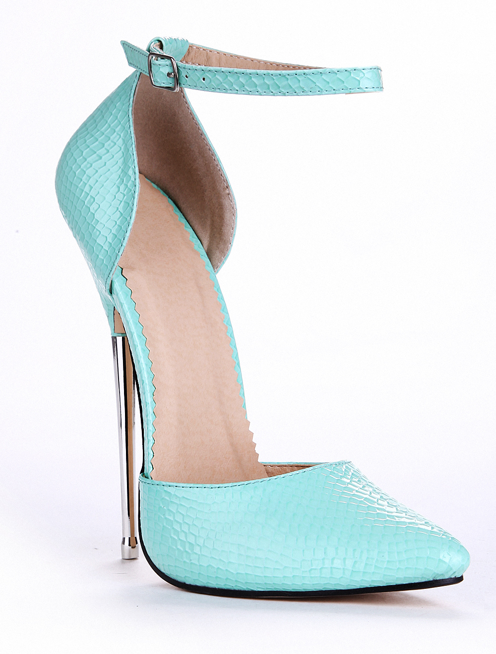 Mint Green PU Leather Snake Print Ankle Strap Pointed Toe Sexy Pumps