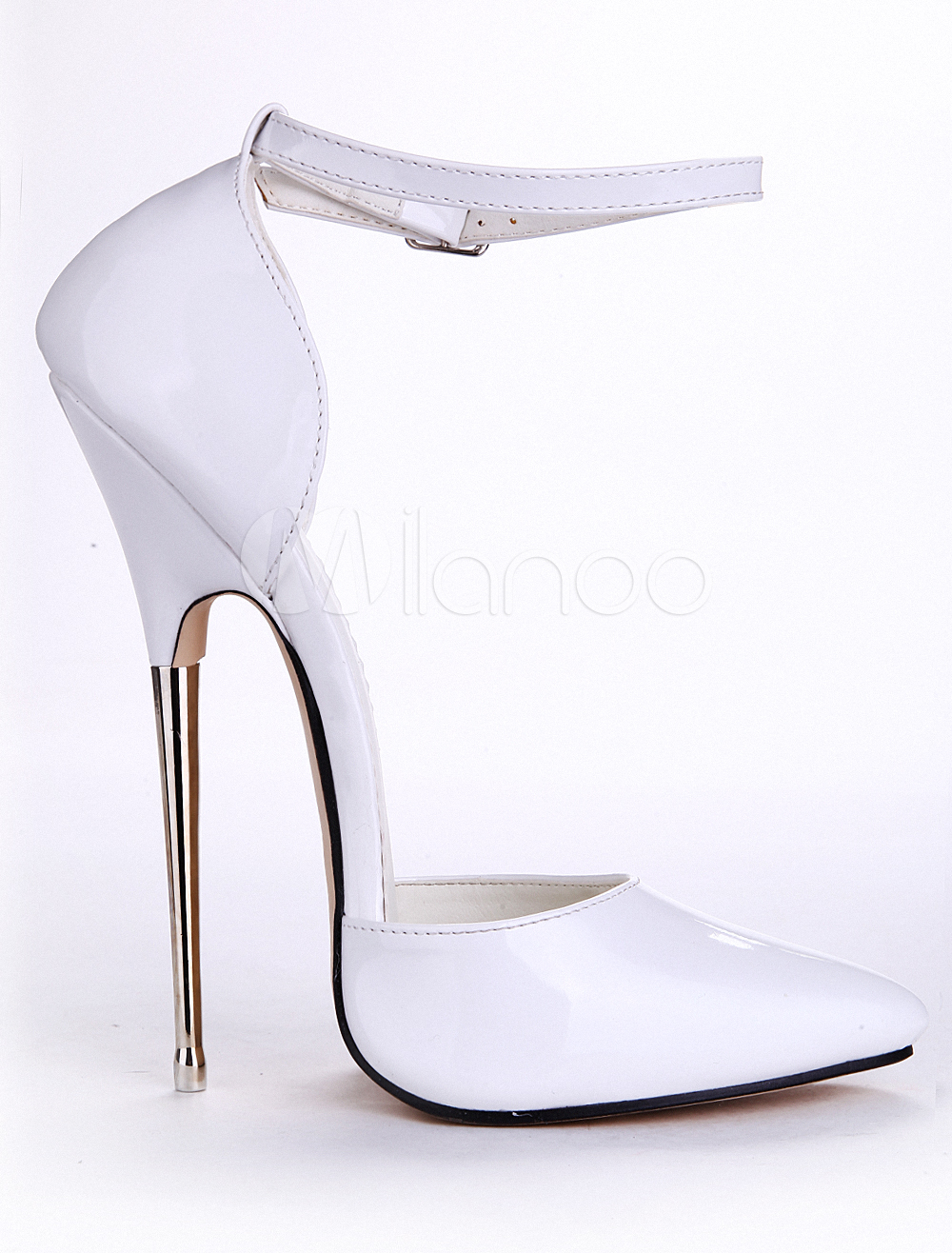 White Buttons Pointed Toe Patent PU Ankle Strap Sexy Pumps - Milanoo.com