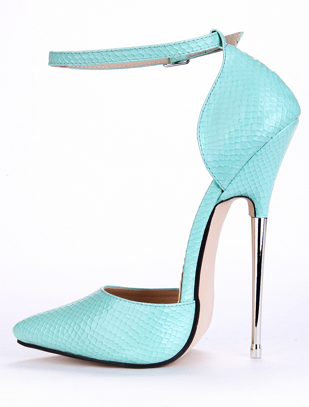 Mint Green PU Leather Snake Print Ankle Strap Pointed Toe Sexy Pumps ...