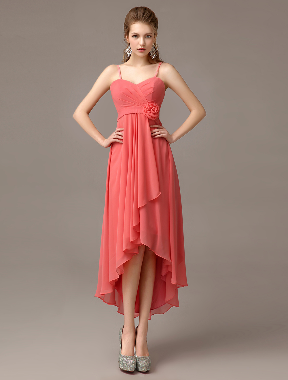 Full Pleated Skirt Chiffon Bridesmaid Dress Watermelon main image 0