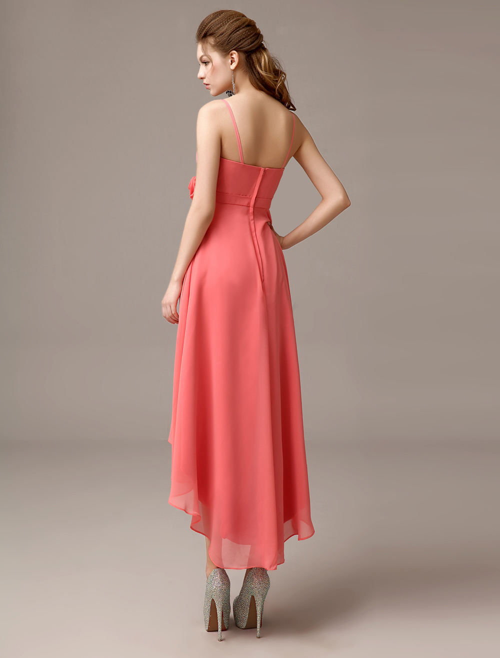 A-Line V-neck Chiffon Asymmetrical Dress With Bow Watermelon