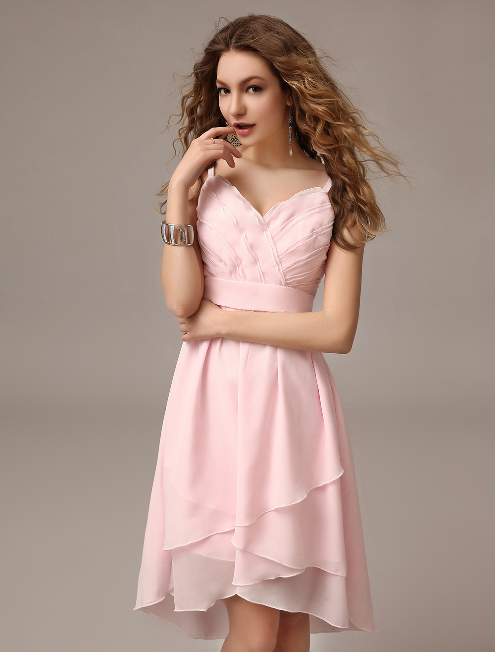 Asymmetrical Blush Pink A-line Ruched Chiffon Bridesmaid Dress With ...