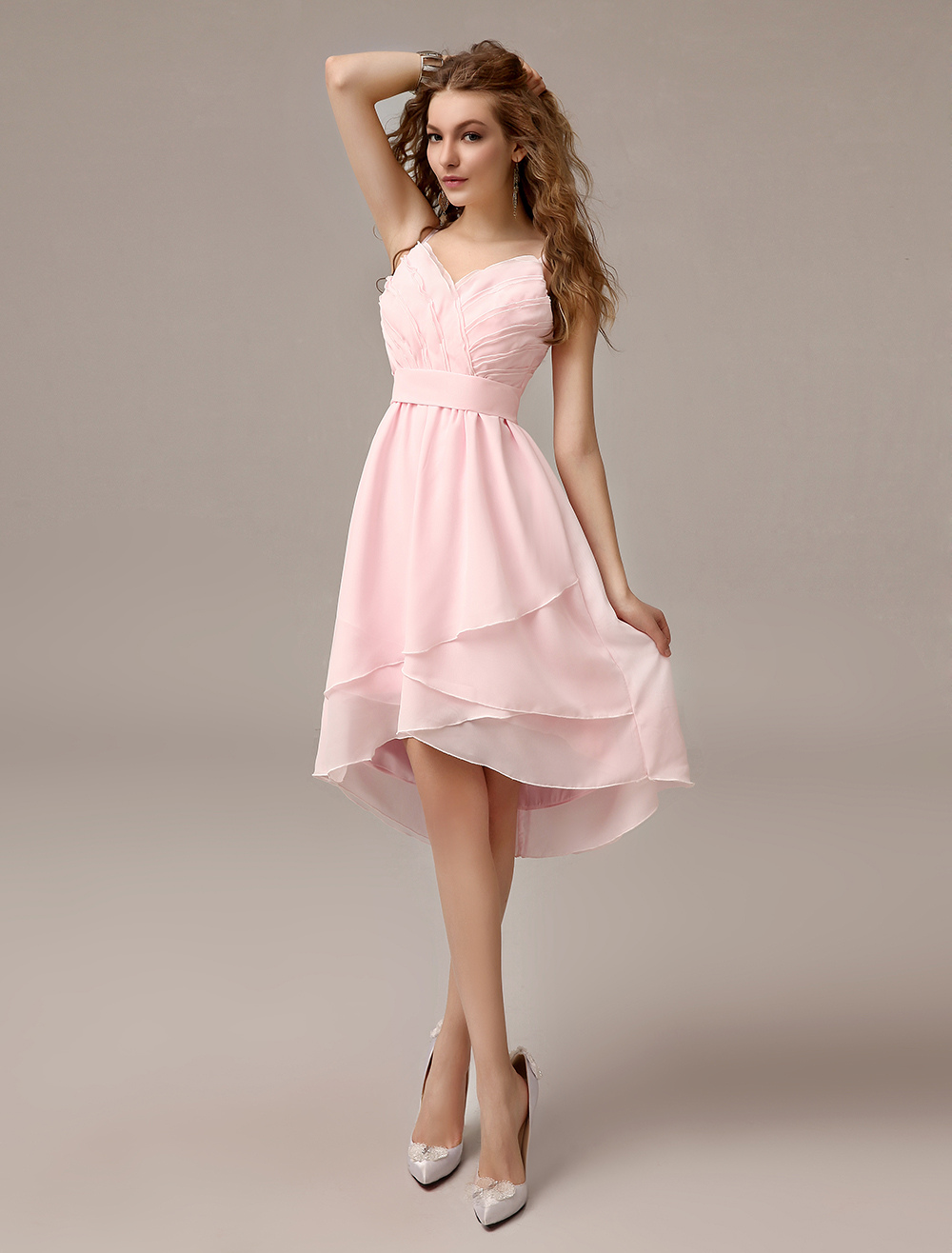 Asymmetrical Blush Pink A Line Ruched Chiffon Bridesmaid Dress With Straps Neck 9177