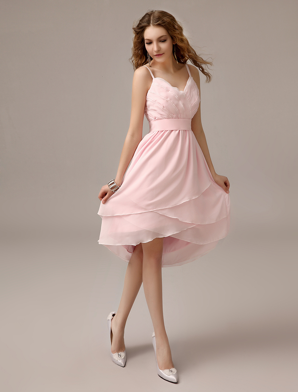 Asymmetrical Blush Pink A Line Ruched Chiffon Bridesmaid Dress With Straps Neck 8950
