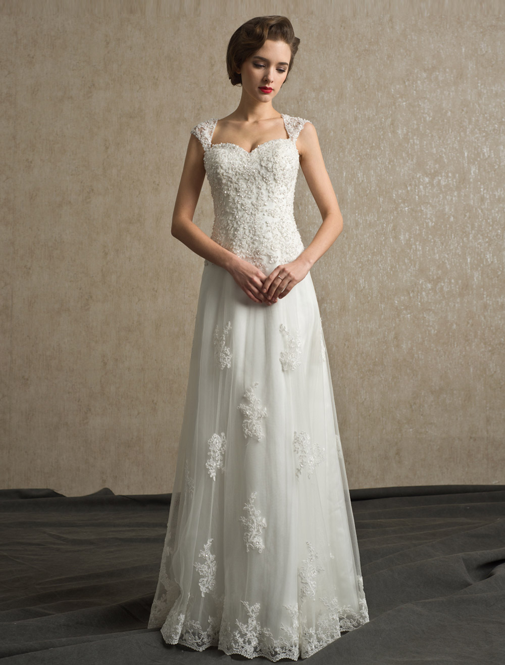 Beading A-line Floor-Length Ivory Bridal Wedding Dress with Straps Neck ...