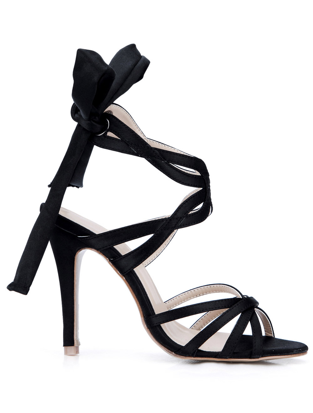 Chic Black Strappy Stiletto Heel Imitated Silk Dress Sandals - Milanoo.com