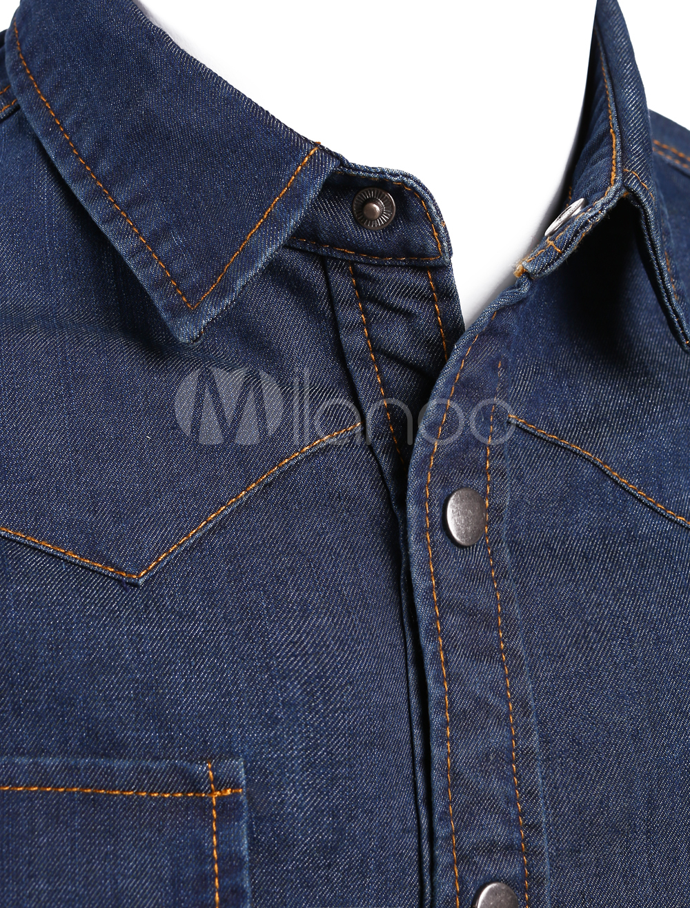 Deep Blue Spread Neck Pockets Distressed Cotton Mans Casual Shirt