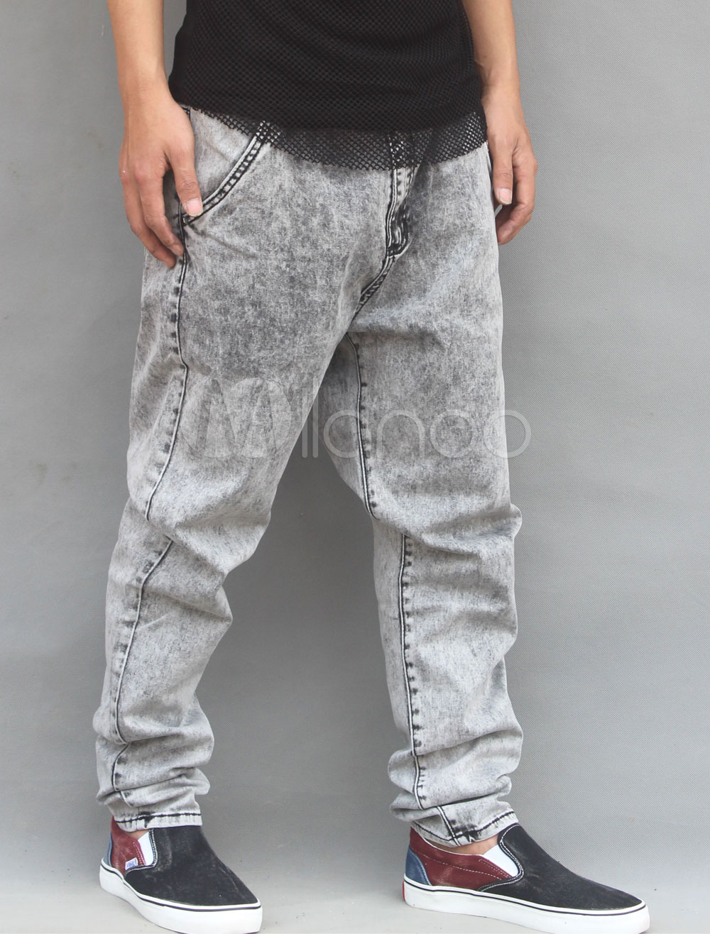 Cool Light Gray Distressed Chains Denim Straight Mens Jeans - Milanoo.com