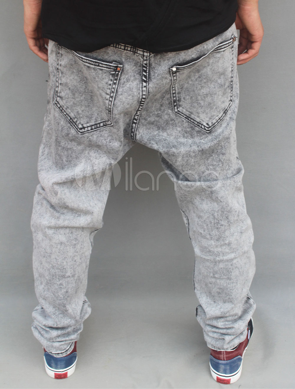 Cool Light Gray Distressed Chains Denim Straight Mens Jeans - Milanoo.com