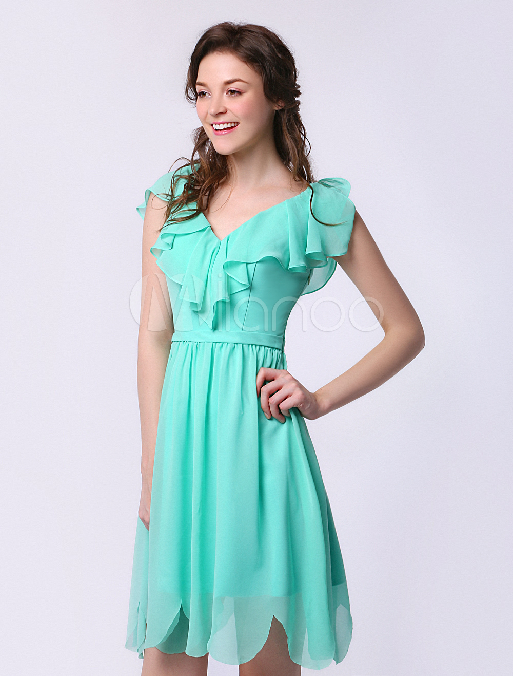 Short Bridesmaid Dress Mint Green V Neck Ruffle Chiffon A Line Party
