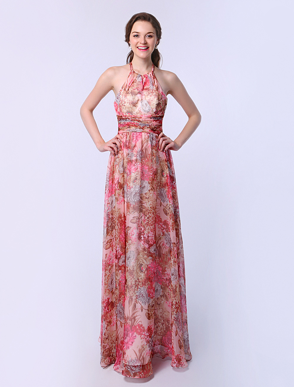 Chiffon A Line Flower Print Prom Dress With Halter Sleeveless Ruched