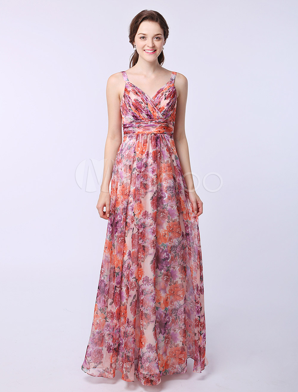 Chiffon A-line Sleeveless Flower Print Floor-Length Beautiful Dress ...