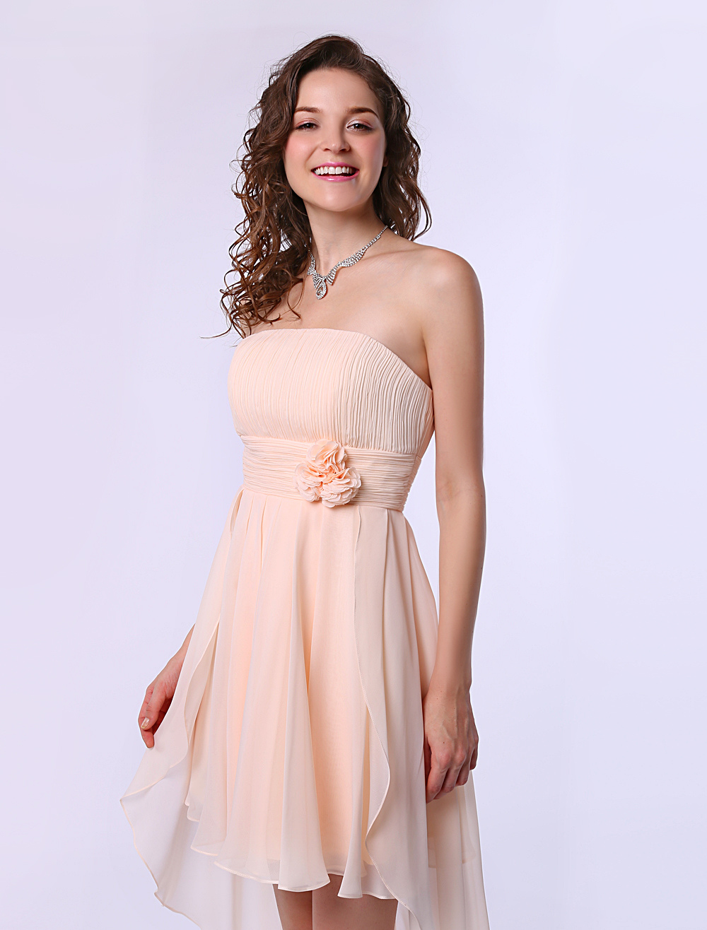 Gold Champagne A-line Strapless High-Low Design Chiffon Bridesmaid ...