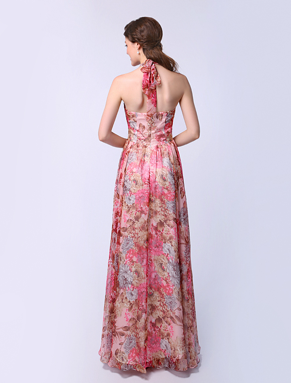 Chiffon A-line Flower Print Prom Dress With Halter Sleeveless Ruched 