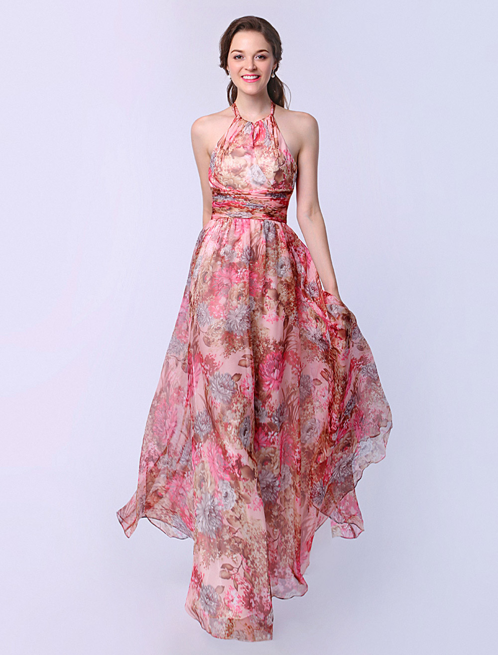 Chiffon A-line Flower Print Prom Dress with Halter Sleeveless Ruched ...