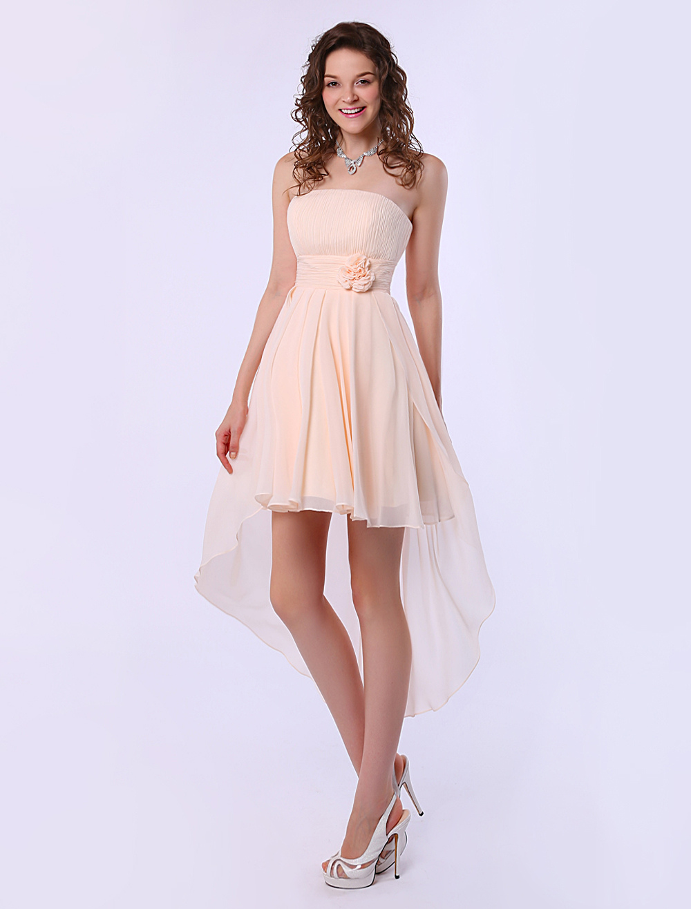 Soft Pink Bridesmaid Dress A Line Strapless High Low Chiffon Bridesmaid Dress 5327