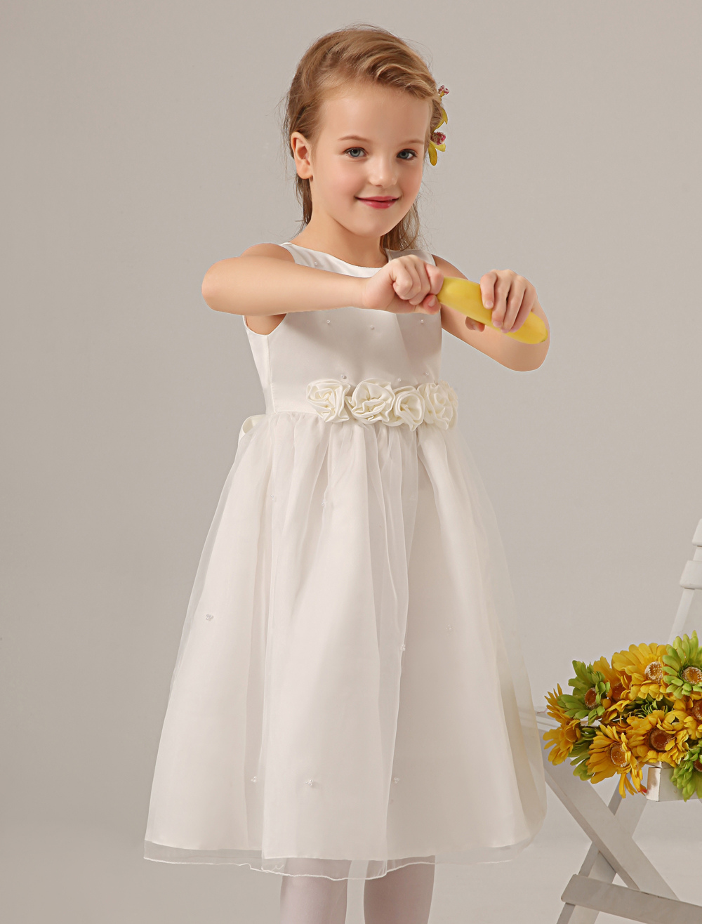 結婚式 子供ドレス フラワーガール 子供用フォーマルドレス アイボリー ウェディングパーティードレス ノースリーブ リトルガール ドレス