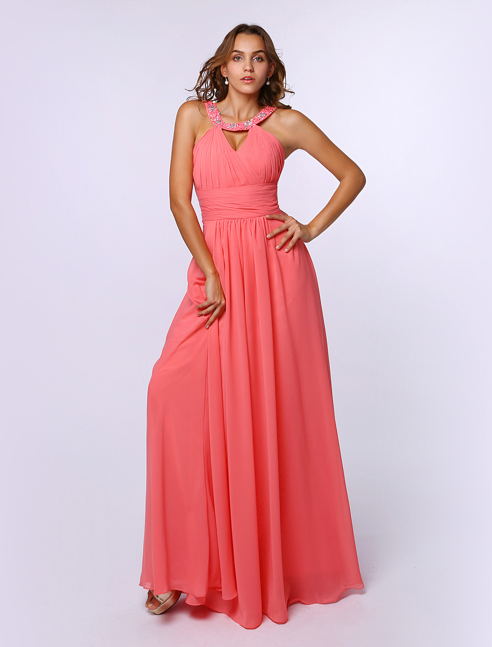 Salmon Halter Prom Dress Cut Out Sexy Party Dress Chiffon A Line ...