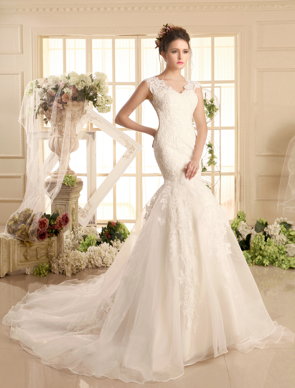 Wedding Dresses Lace V Neck Mermaid Bridal Dress Ivory Illusion Organza ...