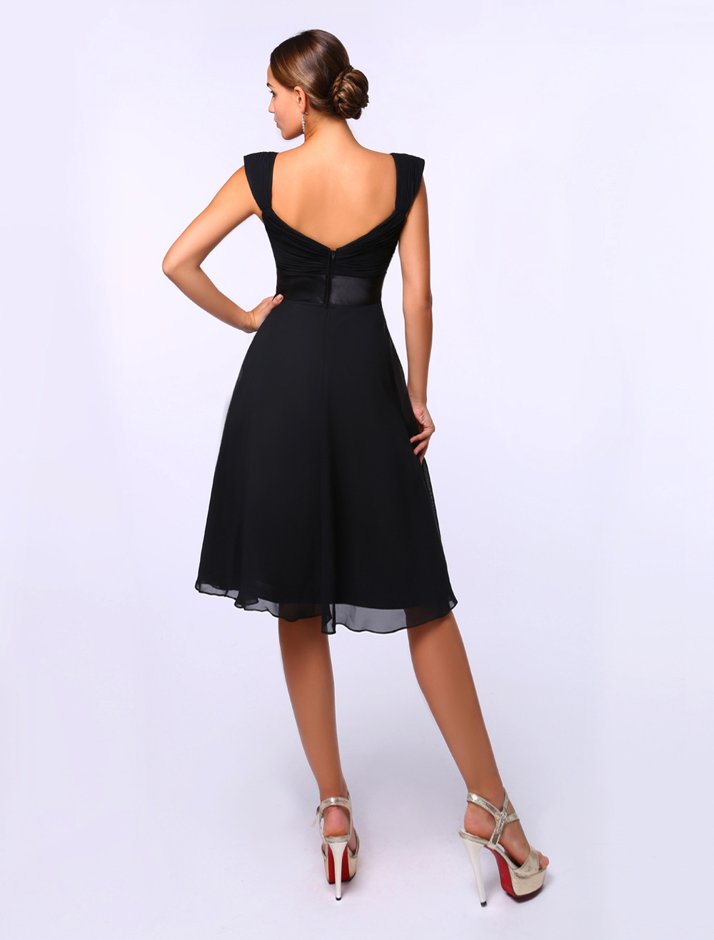 Black Aline TeaLength Cocktail Dress with Square Neck Sash Chiffon