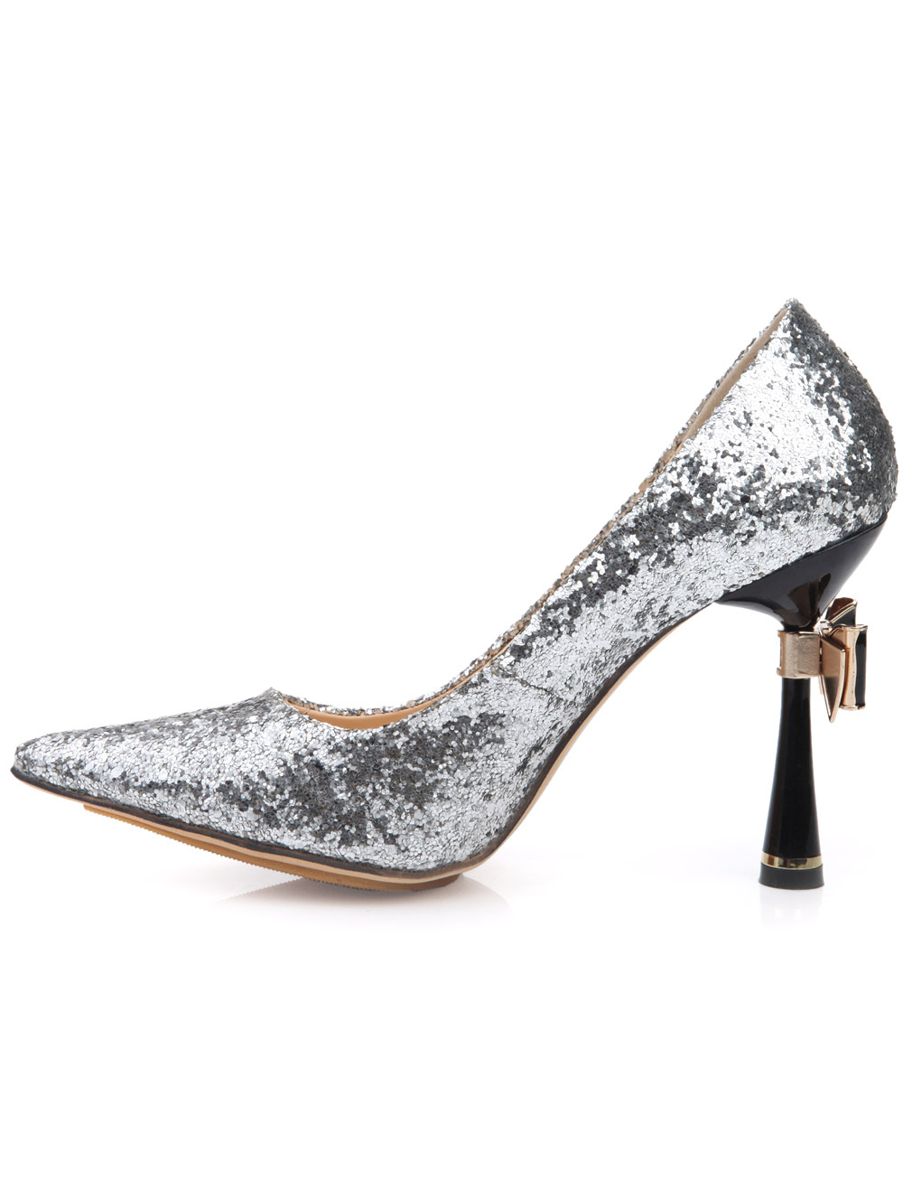 silver heels with bow on back