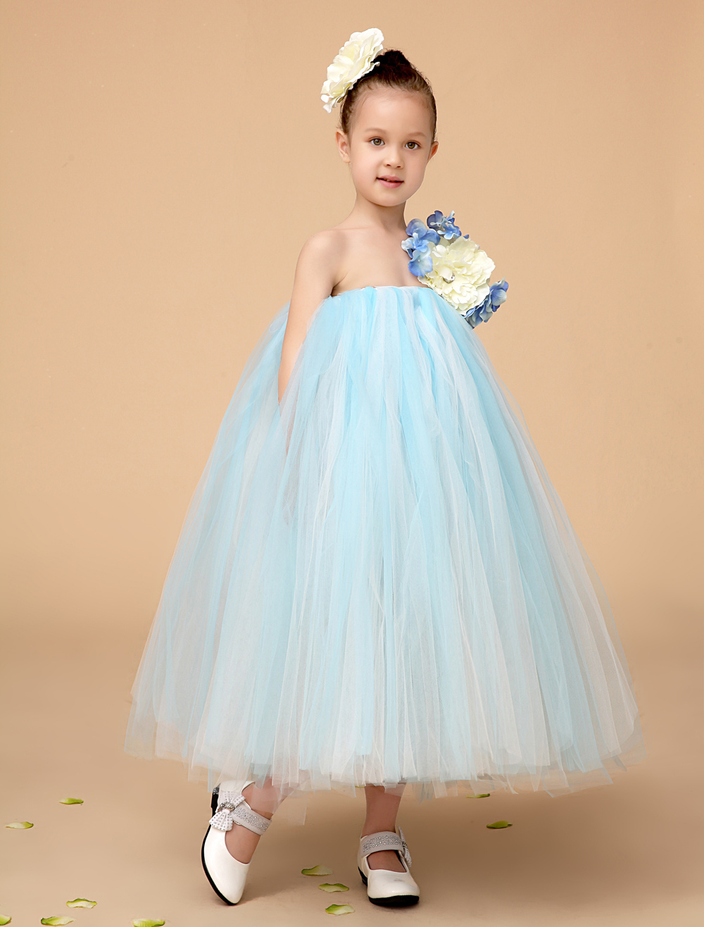 Light Sky Blue OneShoulder AnkleLength Flower Girls Pageant Dresses
