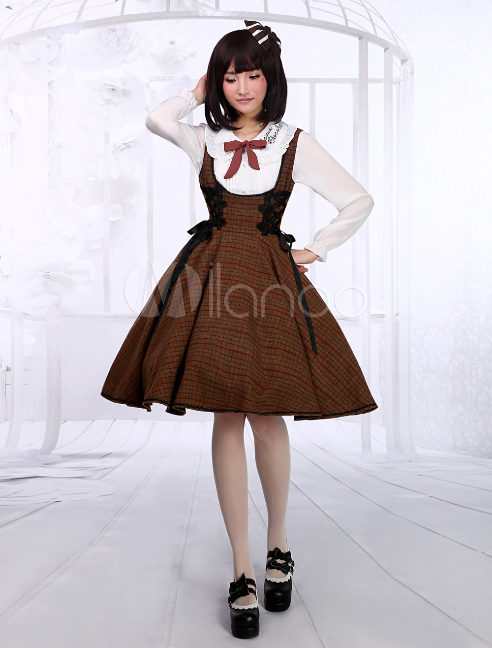 Quality Brown Bow Wool Blend Cute Jumper Skirt