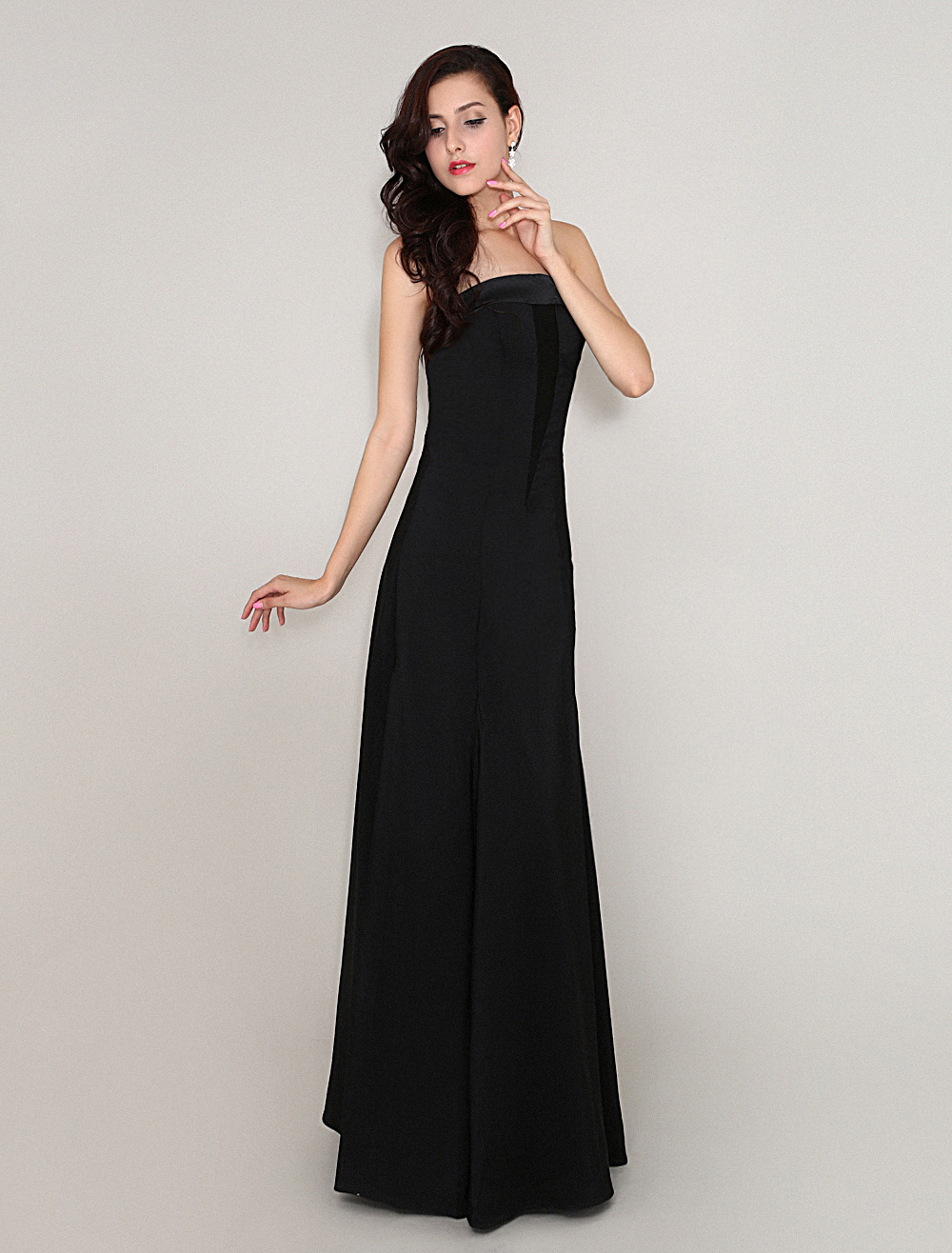 Elastic Woven Satin Draped Evening Dress With Strapless Floor-Length ...