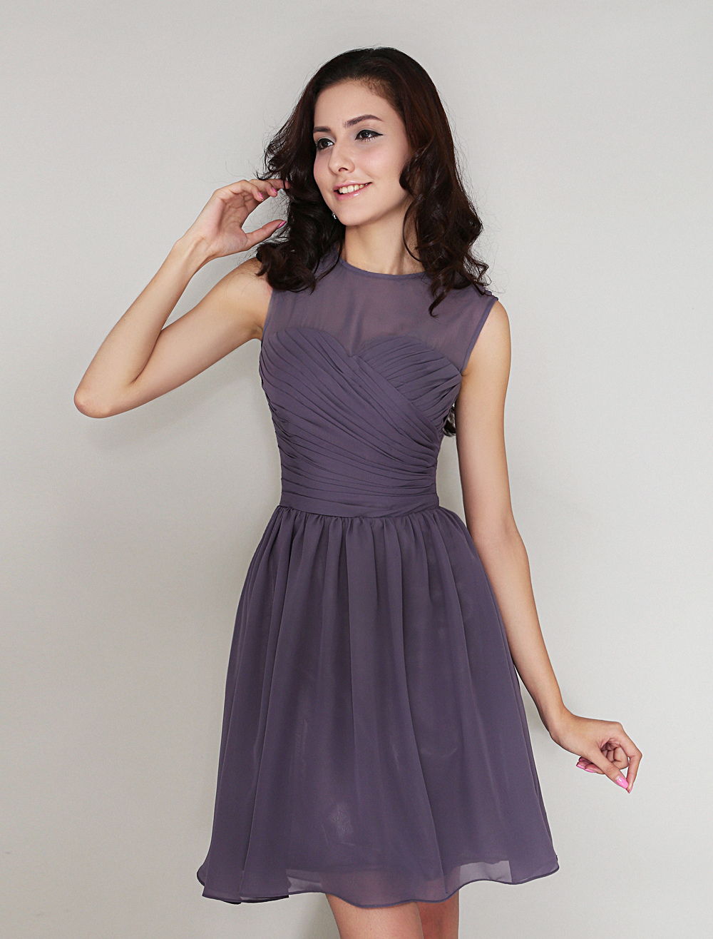 Plum Bridesmaid Dress Pleated Chiffon Cocktail Dress Jewel Neck Short