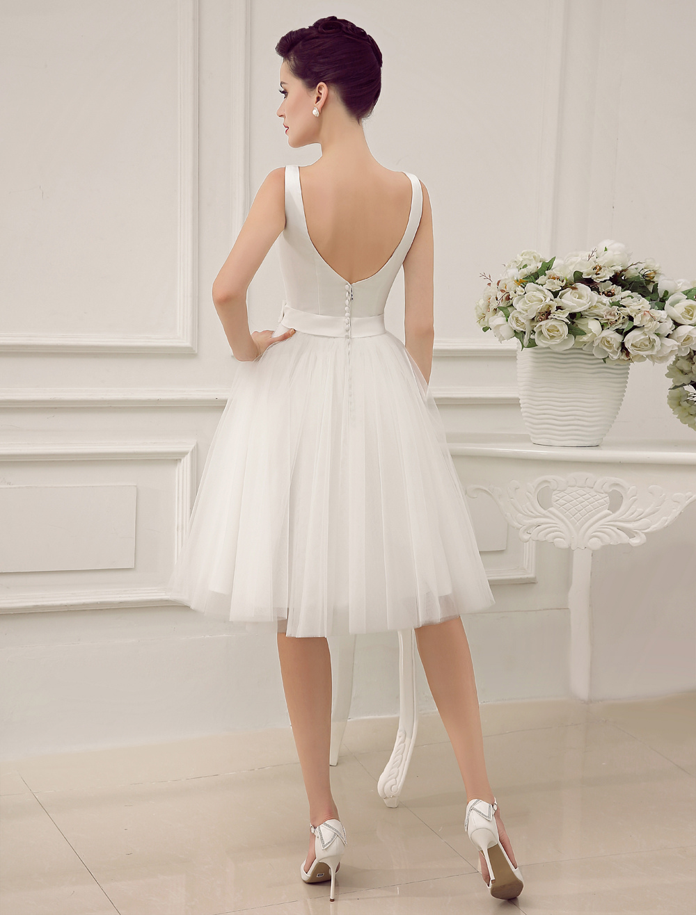 Square Neck Applique Satin Short Wedding Dress with Beading Bow Sash