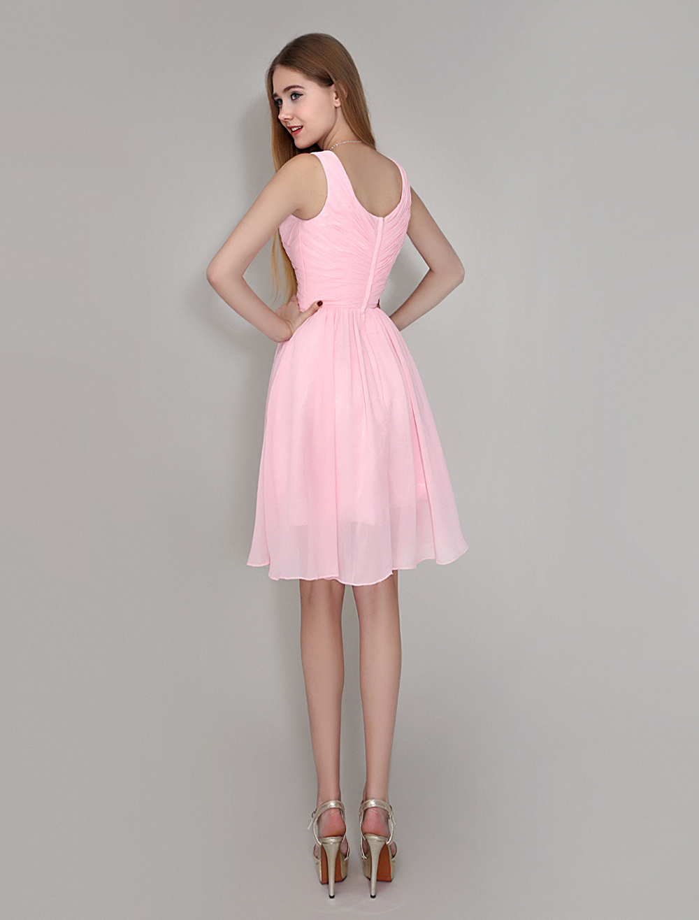 Blush Pink Knee Length Chiffon Bridesmaid Dress 2970