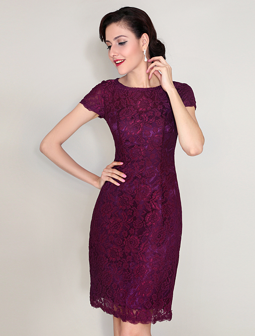 Lace Mother Of Bride Dress Magenta Sheath Wedding Party Dress Backless ...