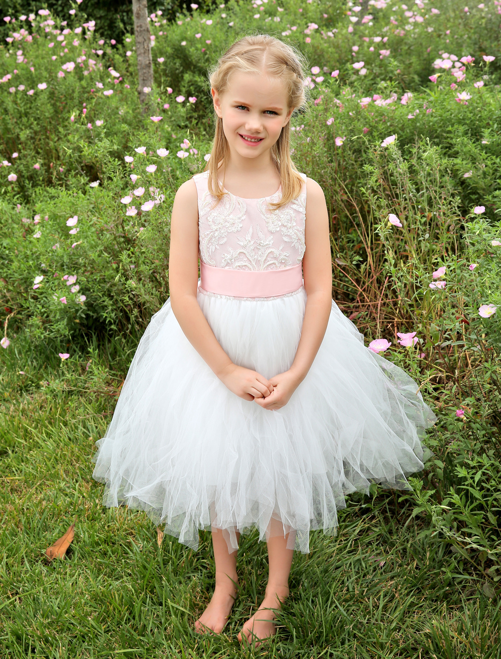 Lace Jewel Neck Pearls Satin Sweet Flower Girl / TuTu Dress