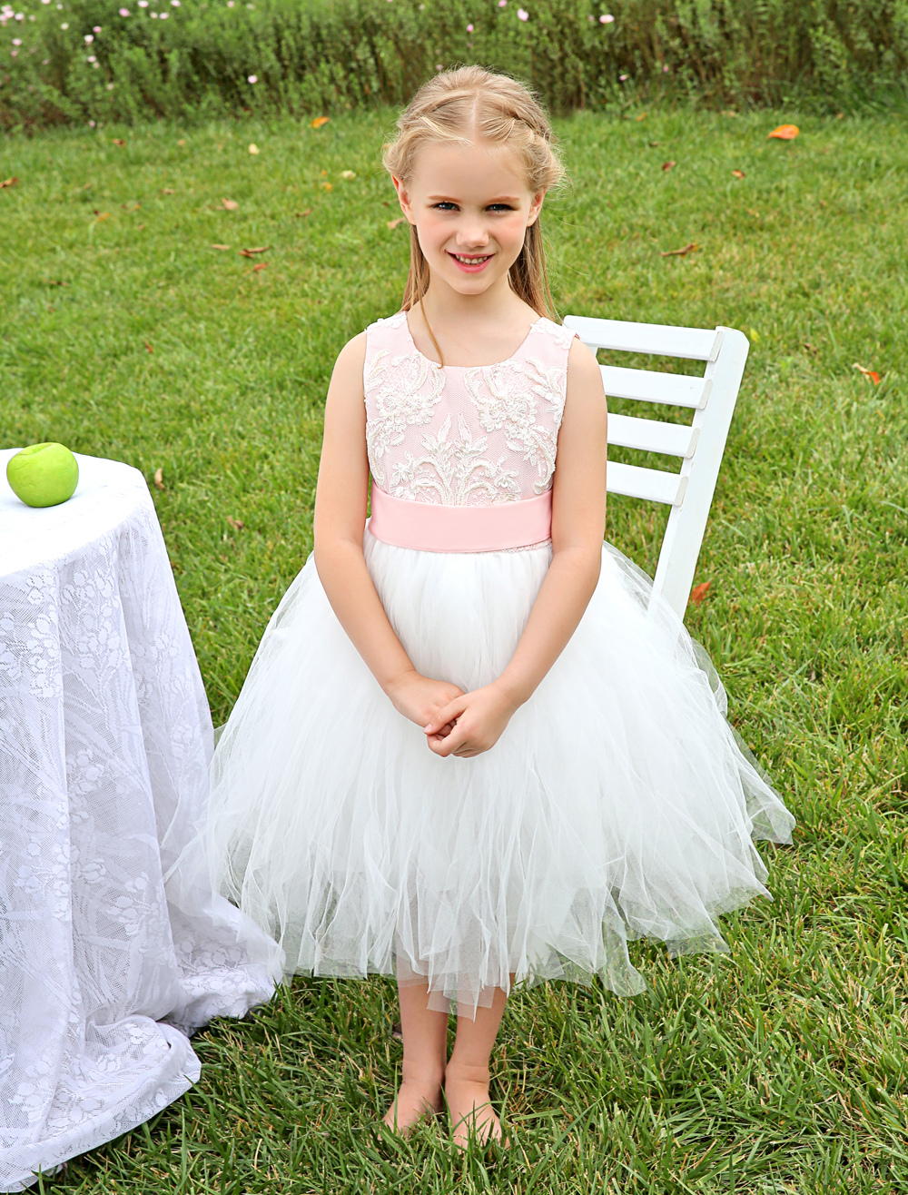 Lace Jewel Neck Pearls Satin Sweet Flower Girl / TuTu Dress