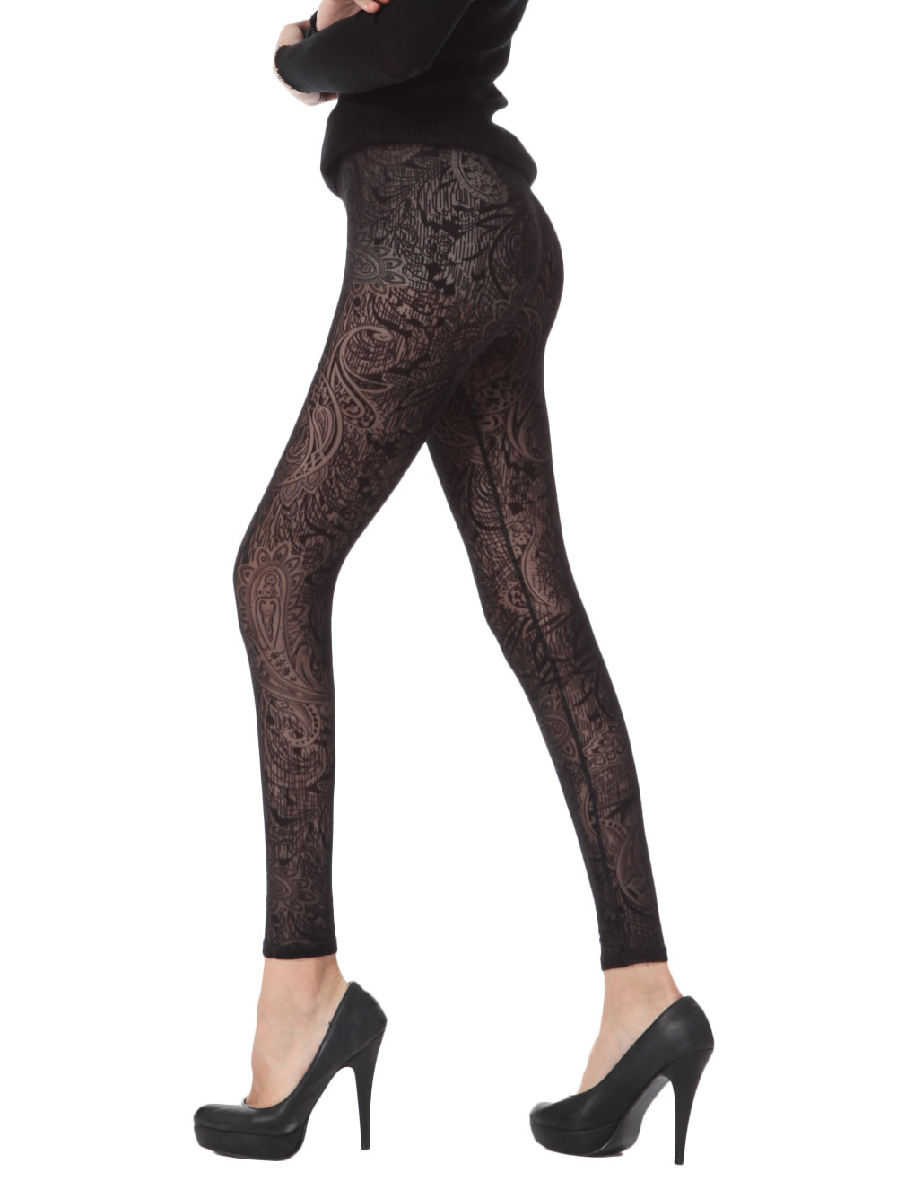Vintage Black Lace Jacquard Shaping Leggings For Women - Milanoo.com