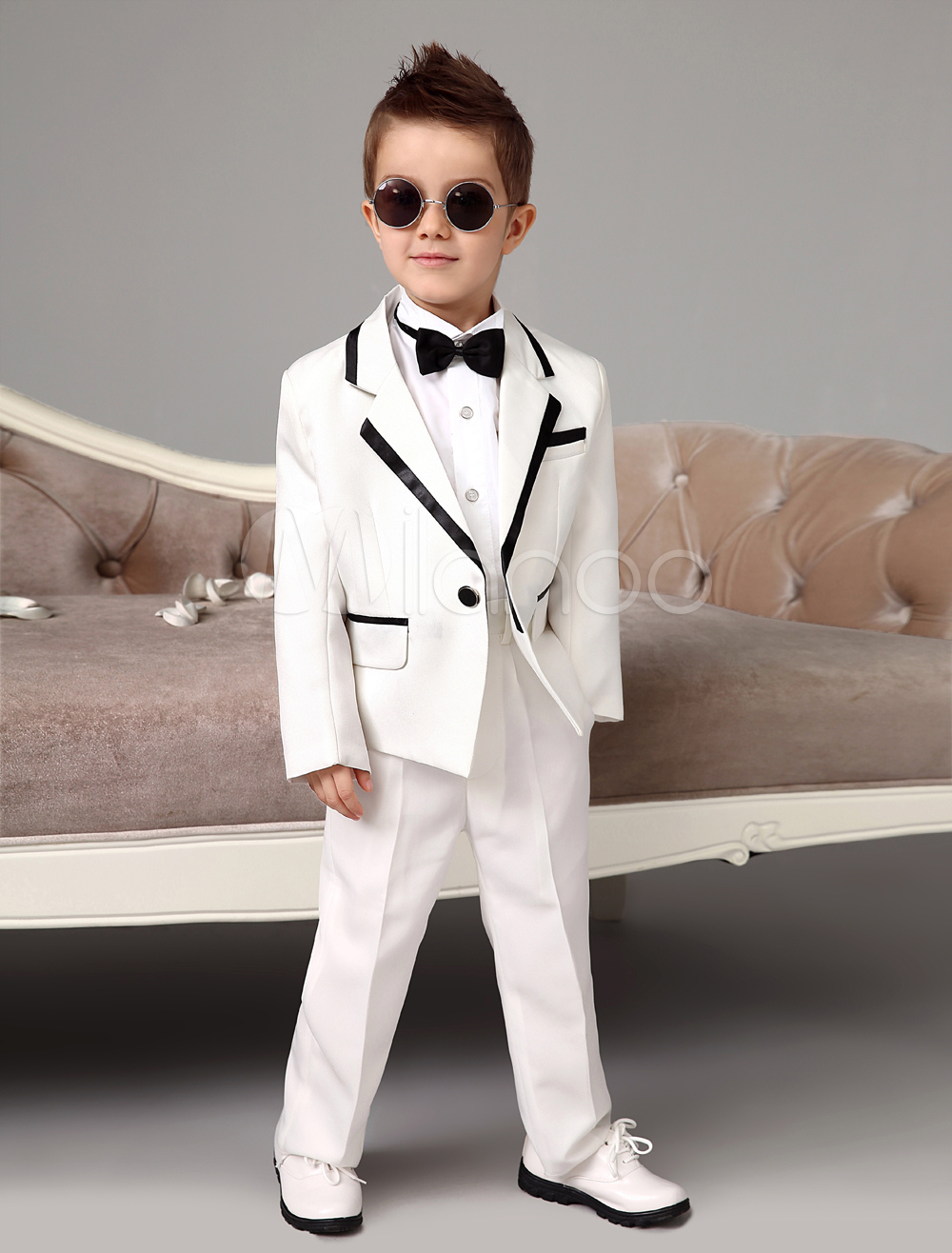 Boy Suit Set Wedding Tuxedo Jacket Pants Shirts Bow Tie Ivory Kids