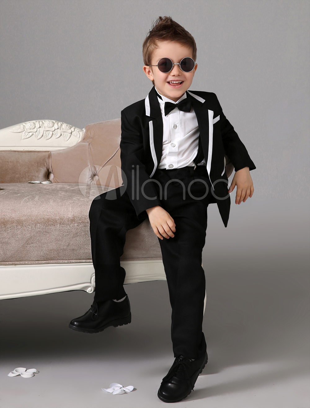 Black Boy Suit Set Kids Tuxedo Wedding Jacket Pants Shirts Bow Tie Baby ...