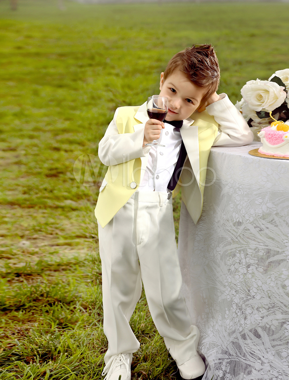 Baby Boy Suit Set Kids Wedding Tuxedo Yellow Jacket Pants Shirts Bow