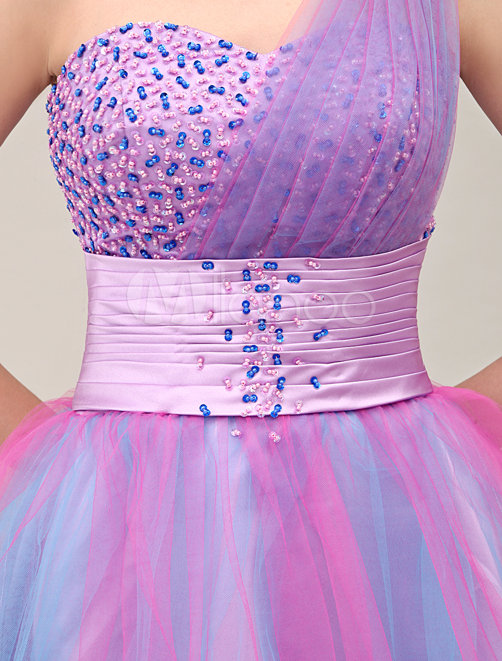 Colorful OneShoulder Dress with Beaded Bodice