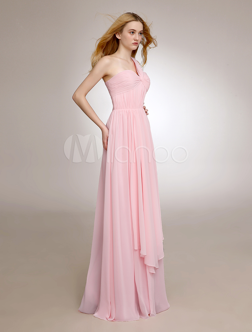 Blush Pink One-Shoulder Bridesmaid Dress With Twisted Chiffon - Milanoo.com