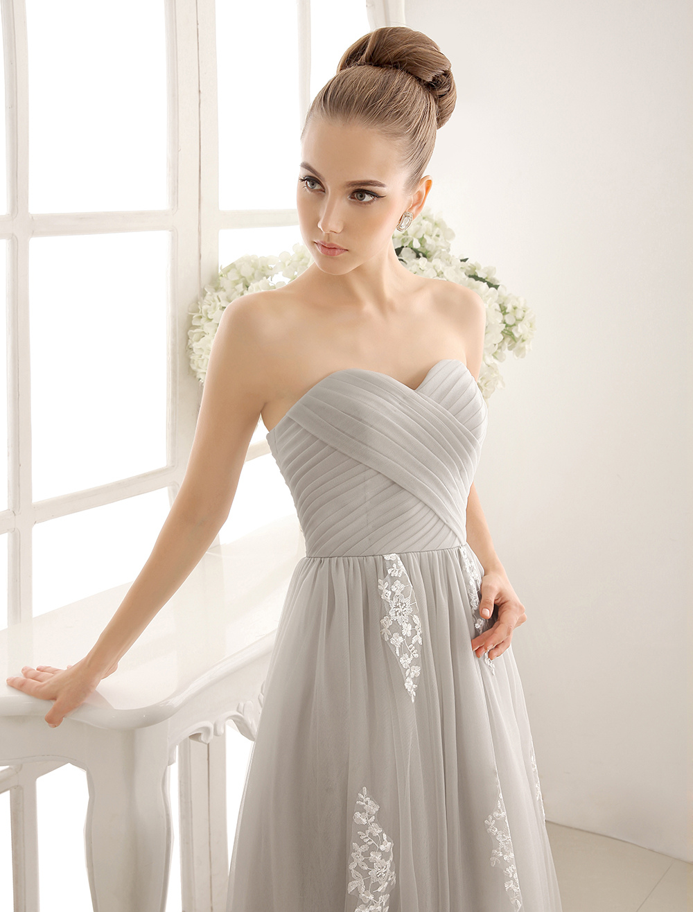 Gray Lace Ruffles Strapless Satin Tulle Wedding Dress - Milanoo.com